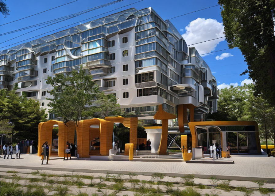 Unique Modern Building with Wavy Design and White Facade surrounded by Orange Street Structures and People on Sunny