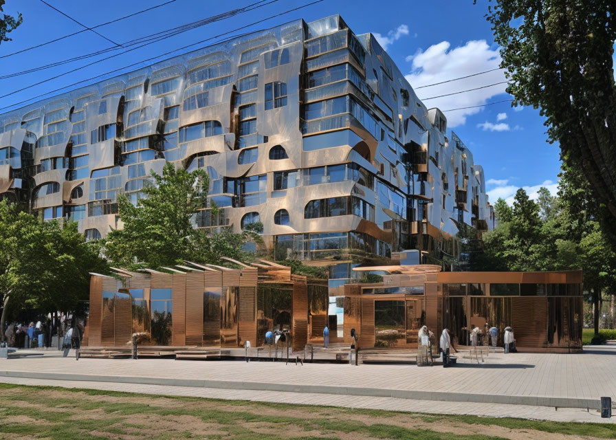 Reflective glass modern building with wavy design next to wooden pavilions.