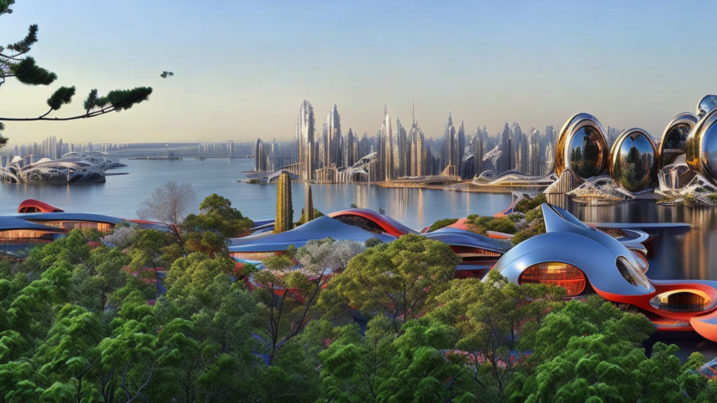 Modern organic architecture in futuristic cityscape with lush greenery and blue bird-like train.