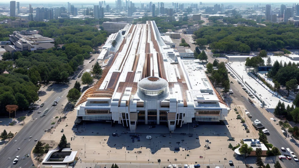 Modern building with dome and flat roof among trees and roads