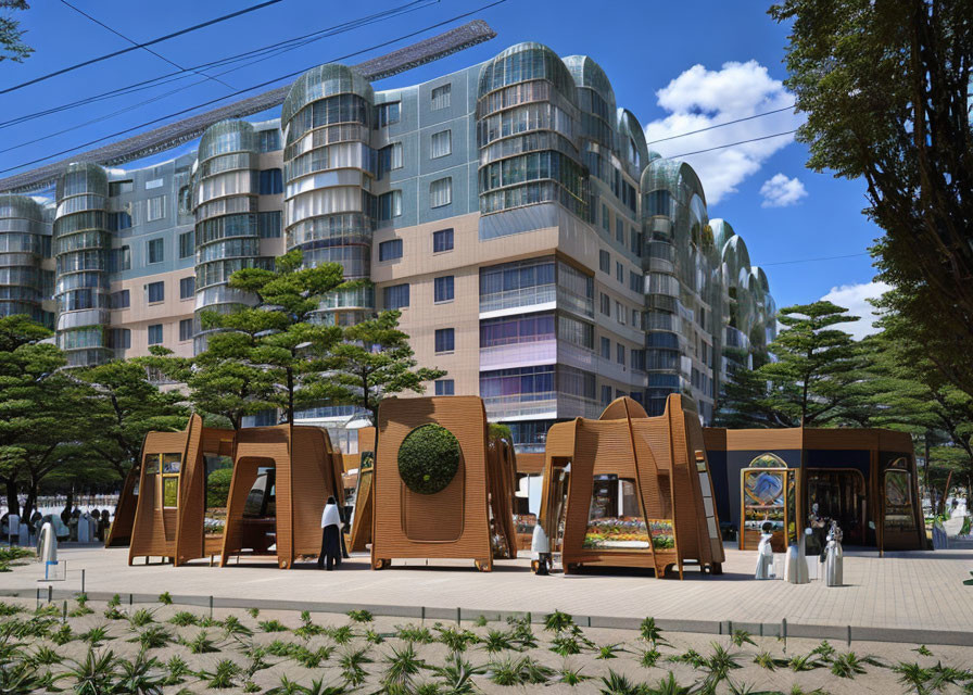 Architectural complex with glass facades, trees, and wooden kiosks in bustling plaza