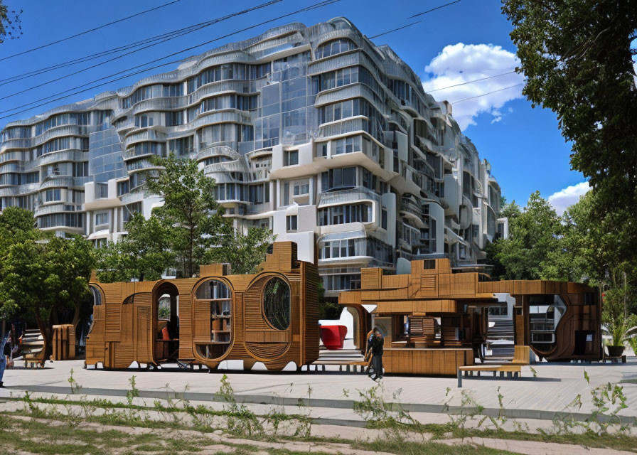 Wavy design modern building with glass balconies and wooden kiosks under clear blue sky