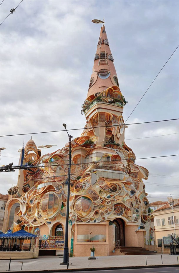 Whimsical spiral building with colorful facade and tiled surface