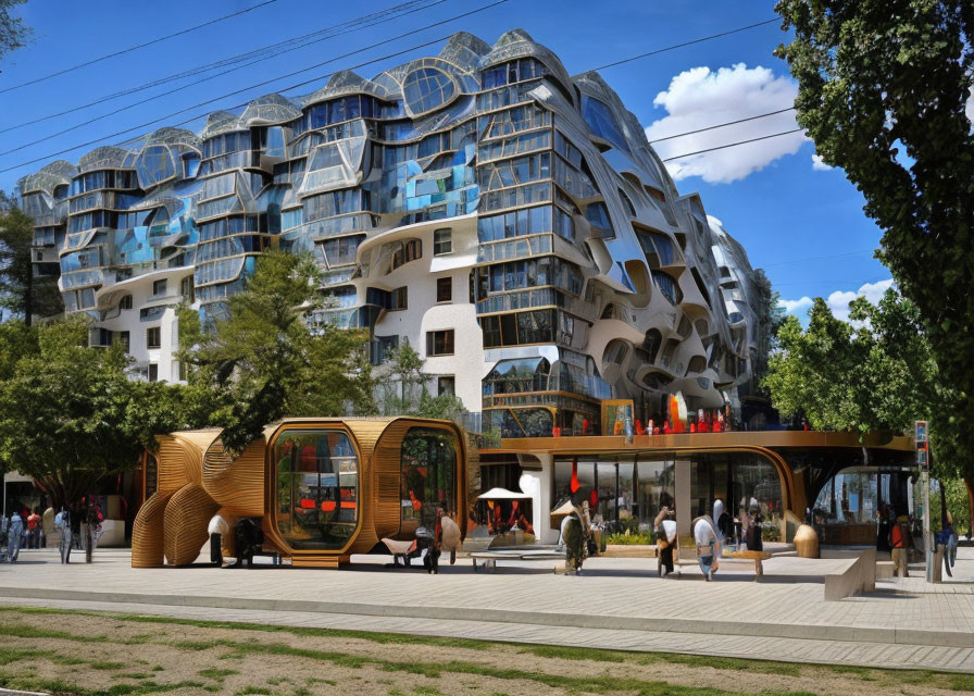 Unique modern building with wavy design, glass balconies, wooden curvy structure, and people outdoors