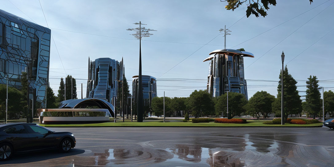 Sleek modern buildings in futuristic cityscape with tram and greenery