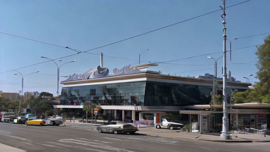 Urban street scene with modern wavy roof building, cars, bus stop, and tram lines under clear