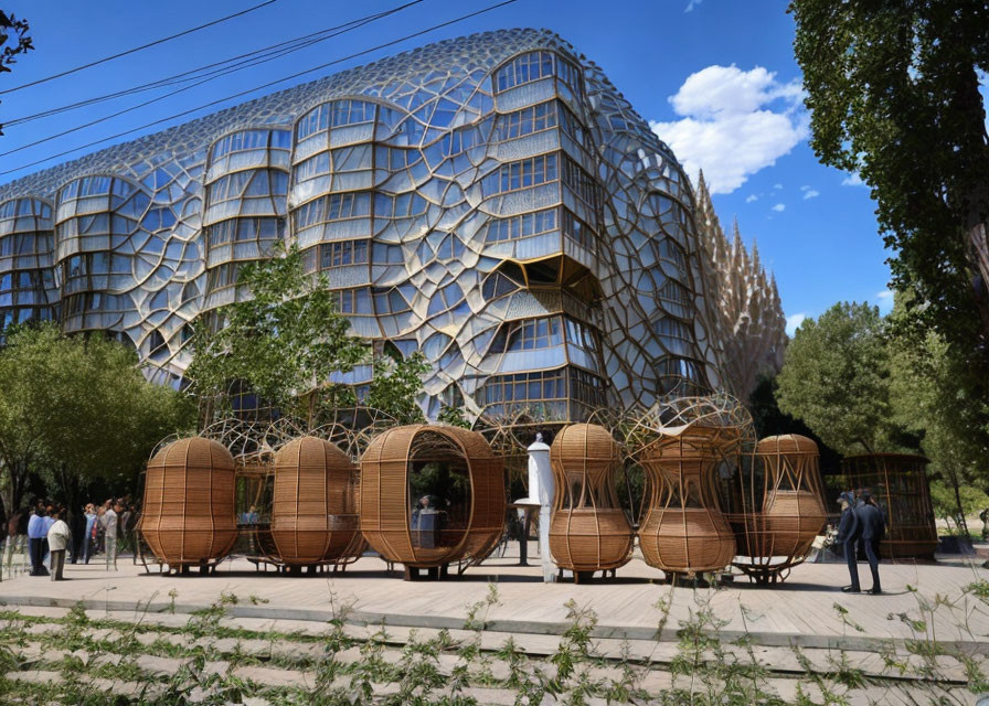 Architectural marvel: Honeycomb facade and spherical wicker installations with people.