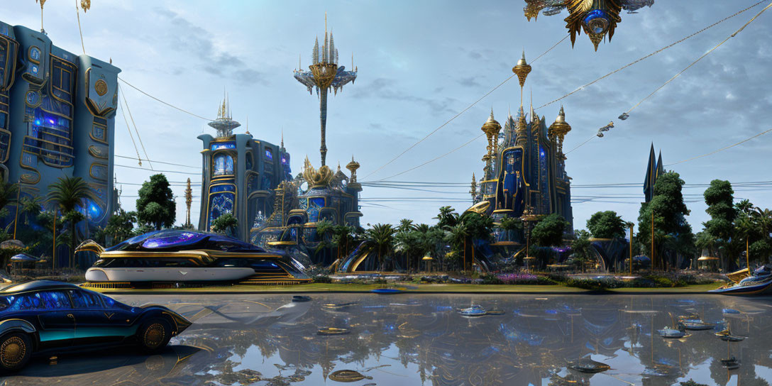 Futuristic cityscape with sleek vehicles and ornate buildings reflected under a blue sky