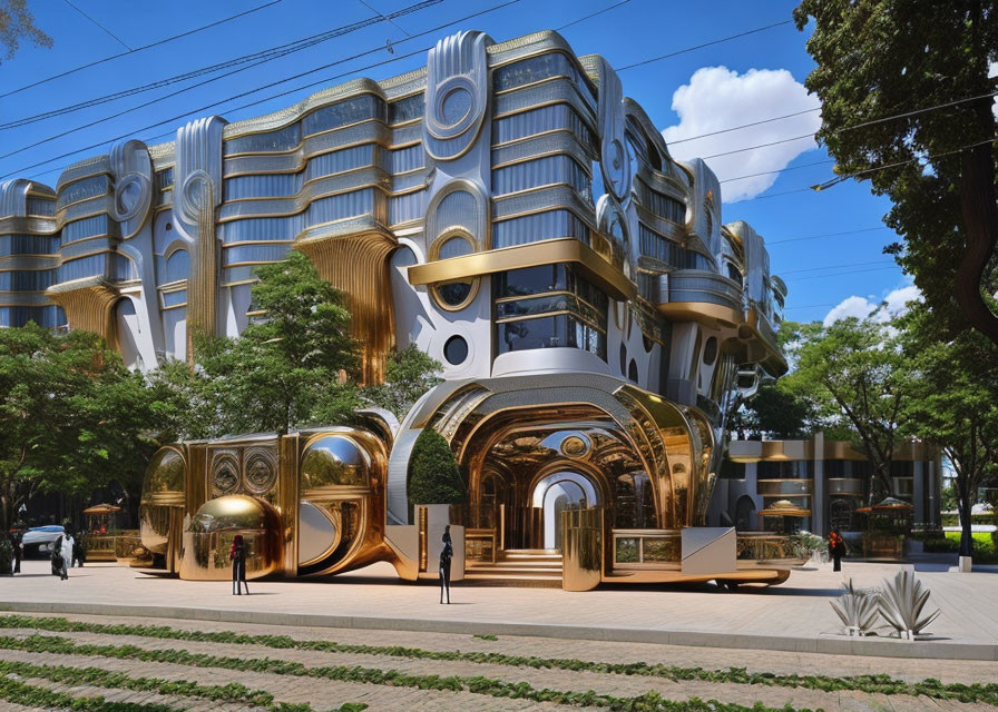 Futuristic architectural building with gold accents in green landscape