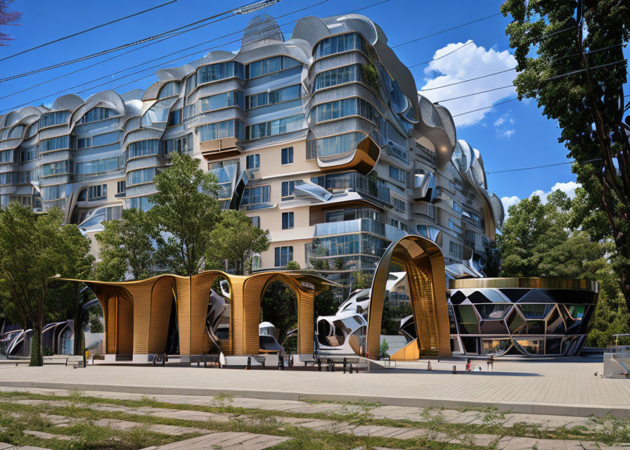 Distinctive Wavy Design Modern Apartment Building & Futuristic Bus Stops