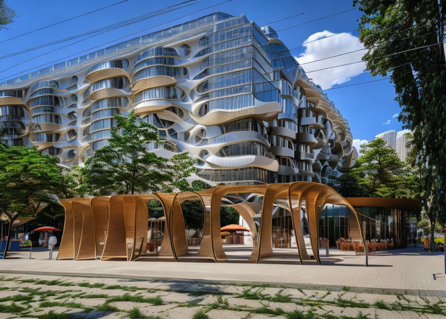 Urban scene: Modern building with wavy white facade and wooden street furniture in sunny setting.