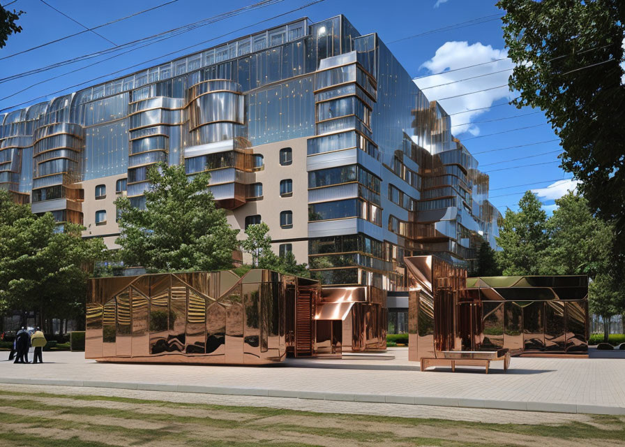 Reflective Windows and Wooden Kiosks in Modern Building Setting