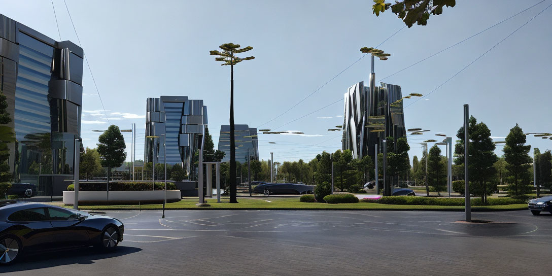 Reflective glass office buildings under clear blue skies with parking lot and trees.