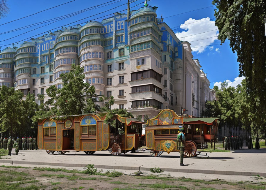 Vintage circus wagons on city street with modern buildings and trees in background