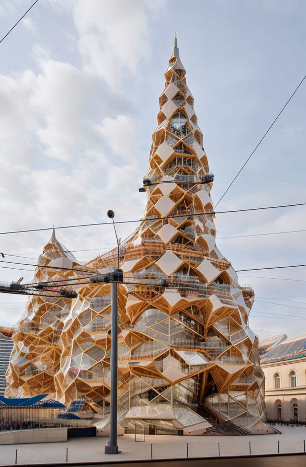 Geometric lattice pattern on modern conical structure in urban plaza