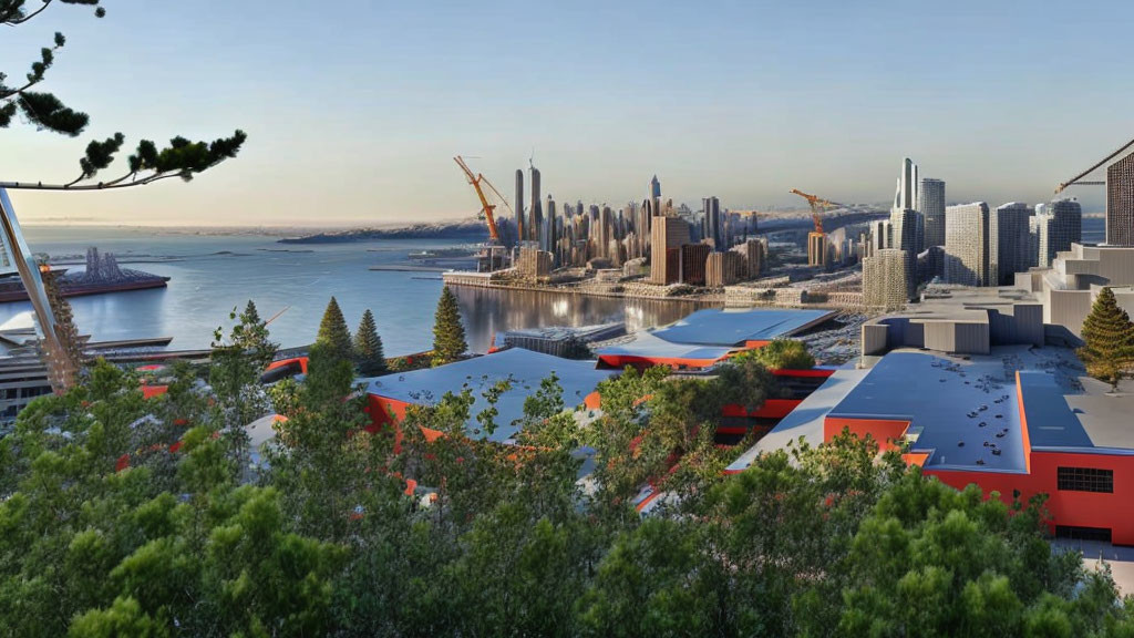 Panoramic cityscape with skyscrapers and waterfront view under clear blue sky