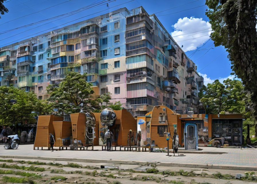 Vibrant apartment building with patched facade and kiosk shops on sunny day