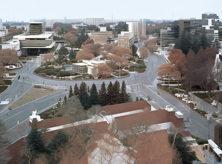 Urban landscape with diverse trees, roads, and buildings under overcast skies