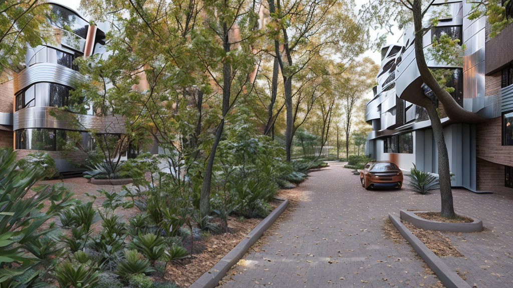 Luxurious apartment complex with green landscaping, winding pathway, and sports car.