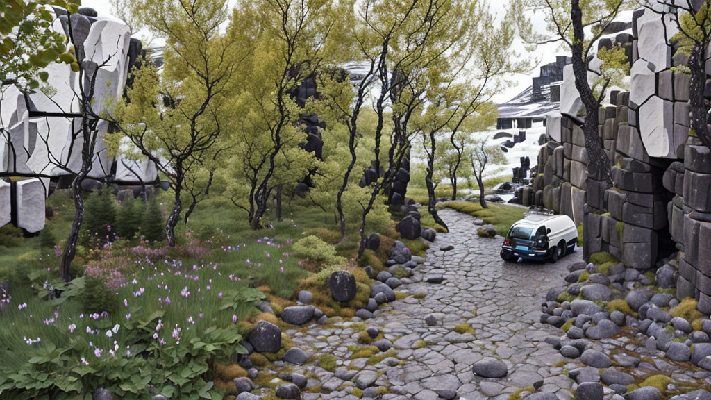 Vehicle on Cobblestone Path Surrounded by Nature and Basalt Columns