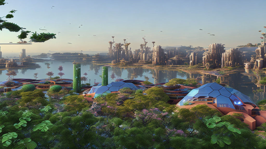 Futuristic cityscape with lush greenery, domed structures, and skyscrapers near water