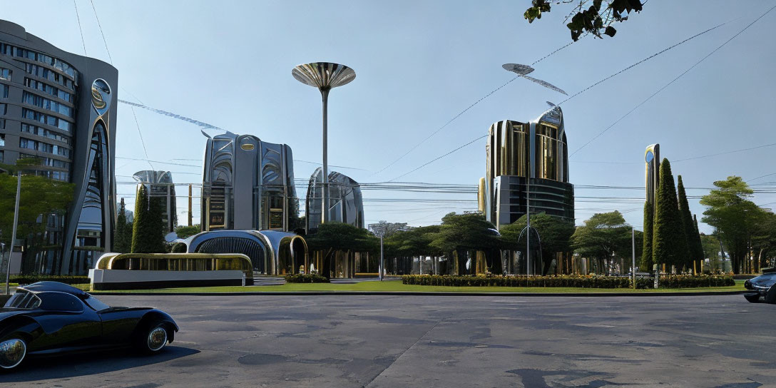 Futuristic cityscape with sleek buildings, monorail, advanced vehicles