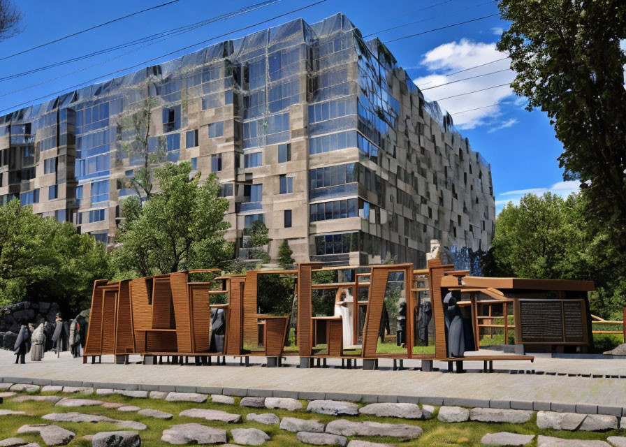 Urban scene: reflective glass building and wooden street stalls with pedestrians on sunny day.