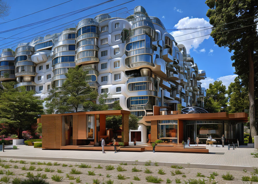 Modern residential buildings with cylindrical design, surrounded by trees under blue sky.