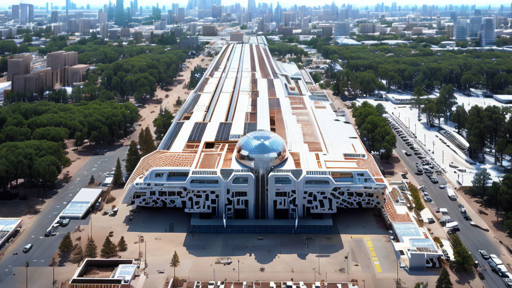 Modern building with reflective dome, trees, parking, and city skyline.