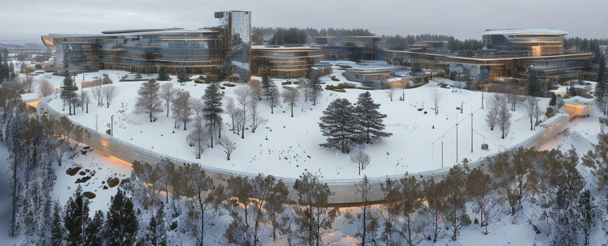 Modern campus with rounded buildings and snow-covered trees in panoramic view