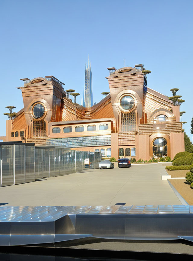 Terracotta-colored traditional building with arches and domes against a blue sky, futuristic skyscraper