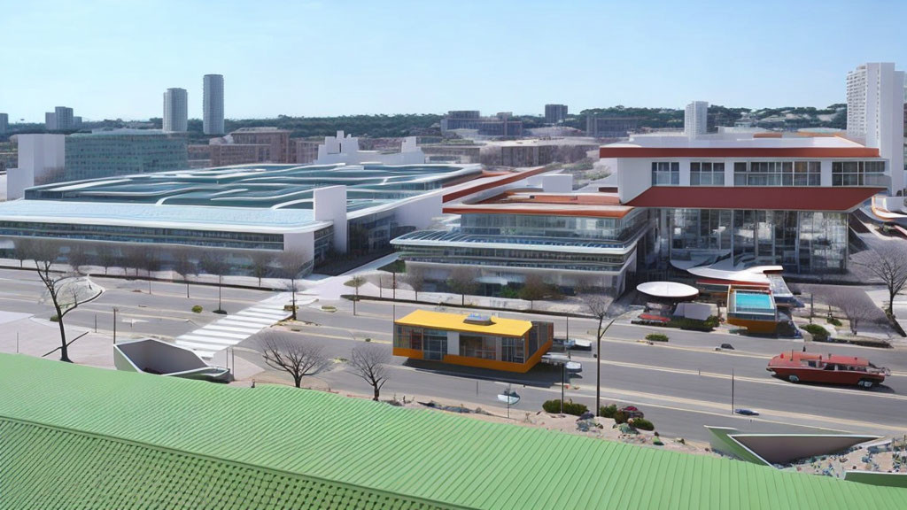 Modern urban area with contemporary buildings, green roof, bus, and tree-lined streets