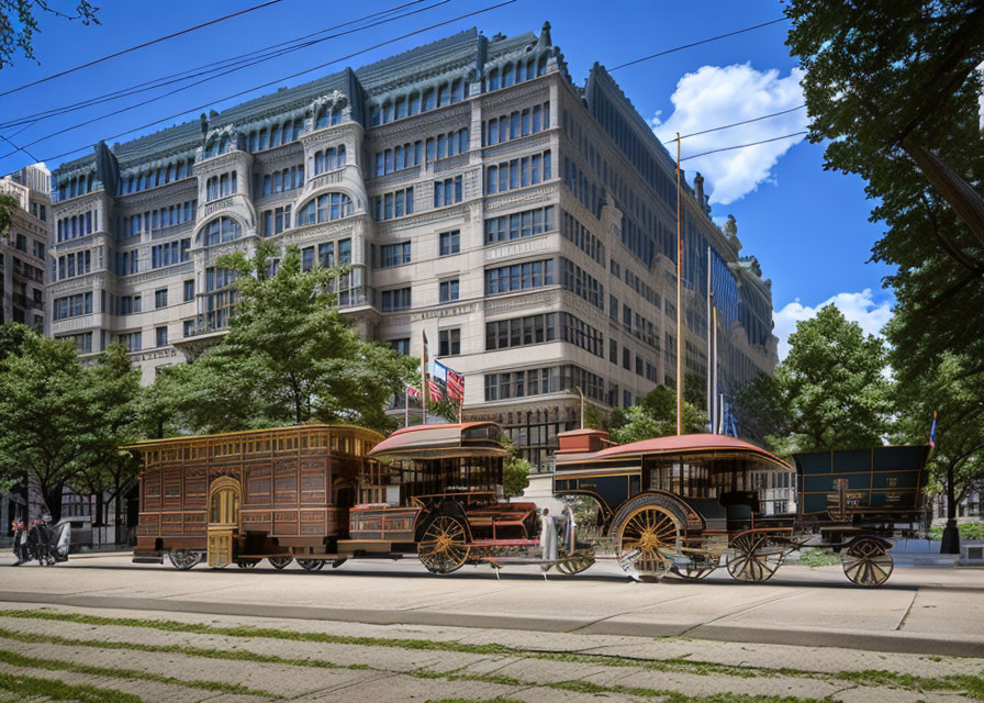 Historic building with vintage streetcar exhibits and lush green trees