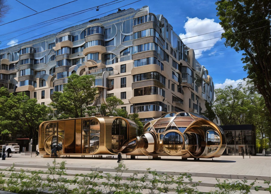 Futuristic tram stop in modern cityscape