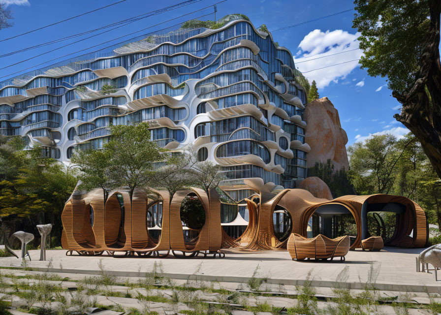 Innovative architecture with wavy balconies and wooden pod structures