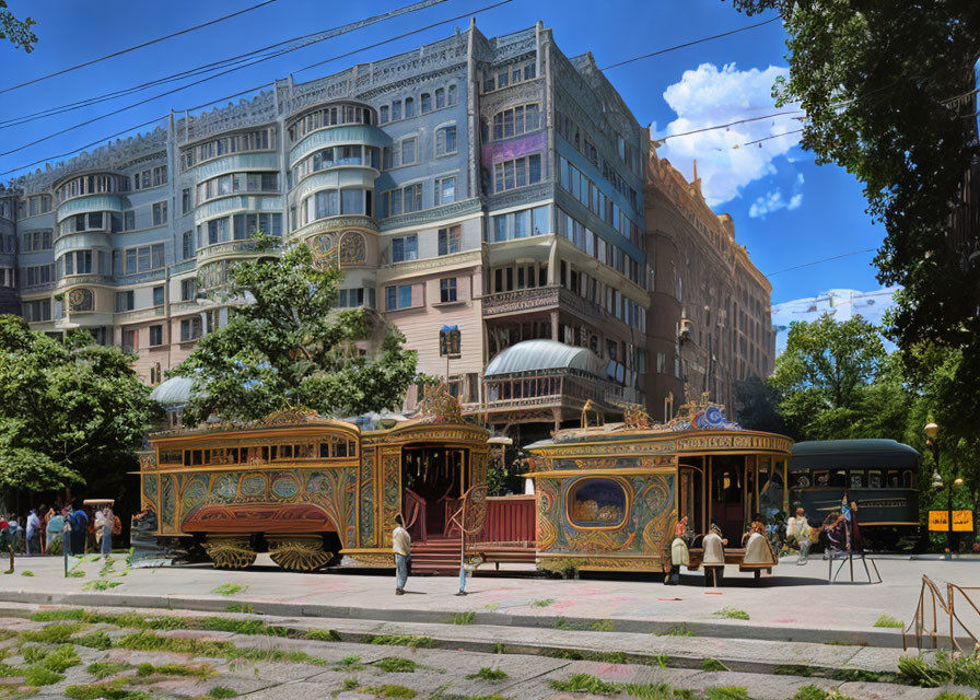 Vintage trolleys, period attire, classic architecture in historic street scene