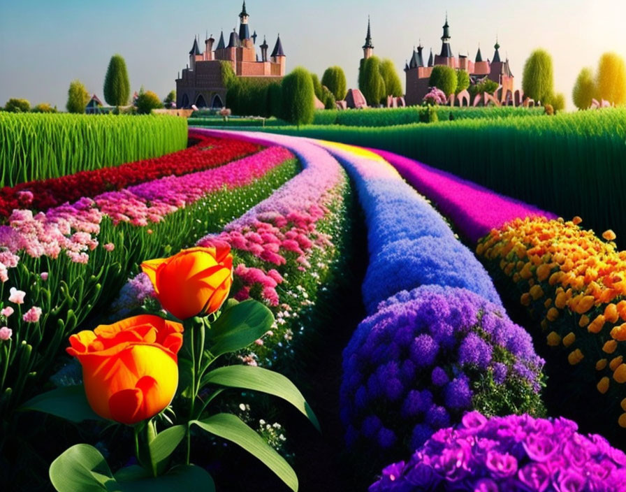 Colorful Flower-Lined Garden Path to Castle in Lush Greenery