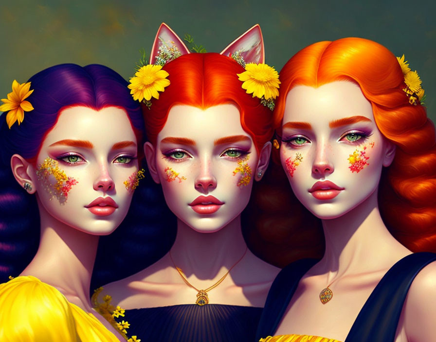 Illustrated Women with Cat Ears and Vibrant Floral Makeup