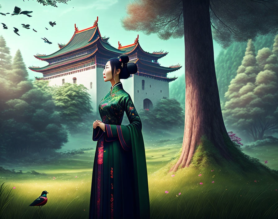 Traditional East Asian Attire Woman in Meadow with Pagoda and Nature