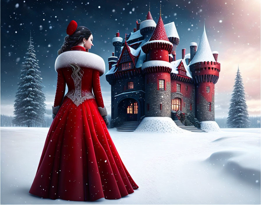 Woman in red gown at twilight with snow-covered castle and winter forest