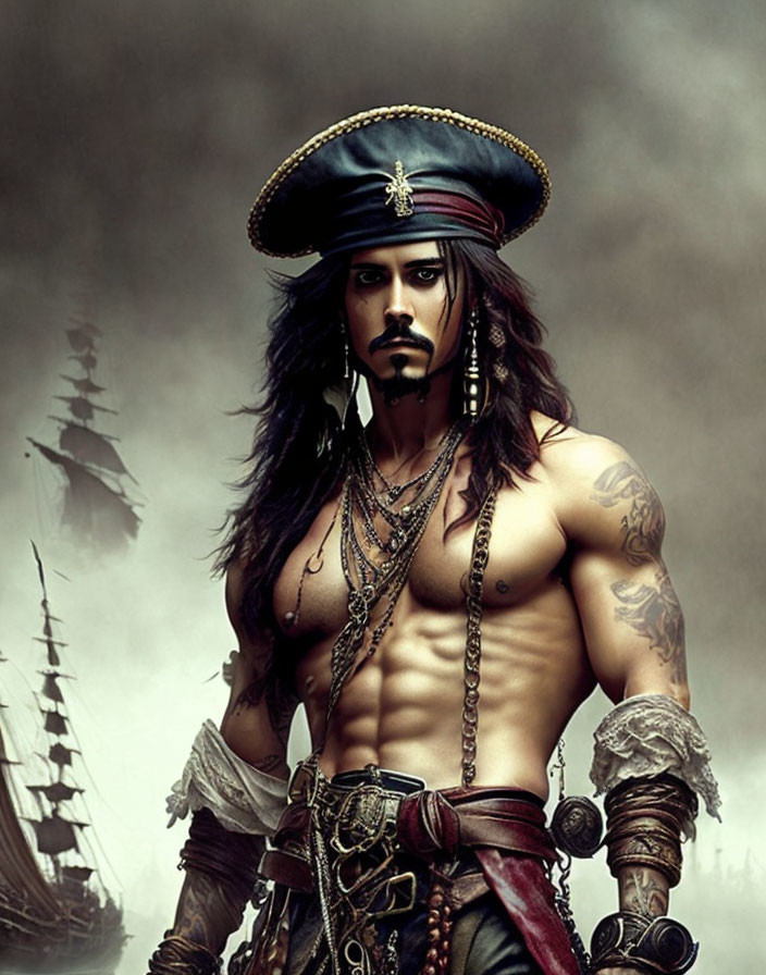 Tattooed pirate with tricorne hat and heavy jewelry on foggy ship backdrop