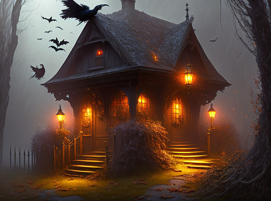 Eerie illuminated cabin with bats in misty twilight forest