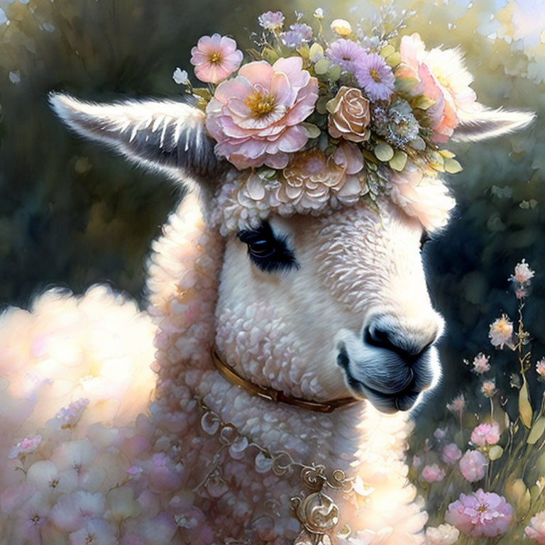 Illustrated llama with floral crown and pearl necklace in soft-focus floral setting