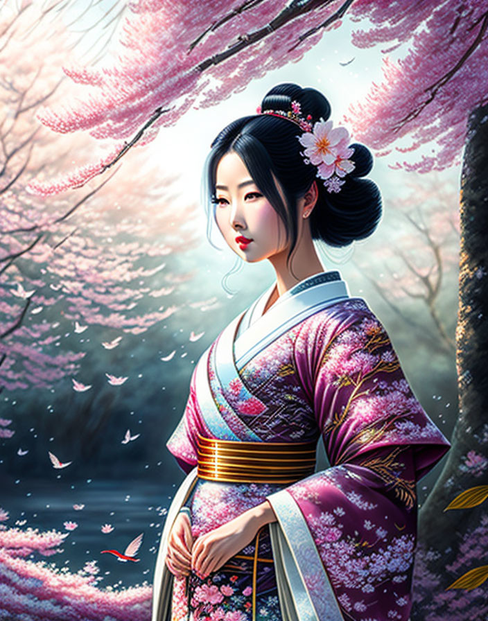 Traditional kimono-clad woman under cherry blossoms with falling petals