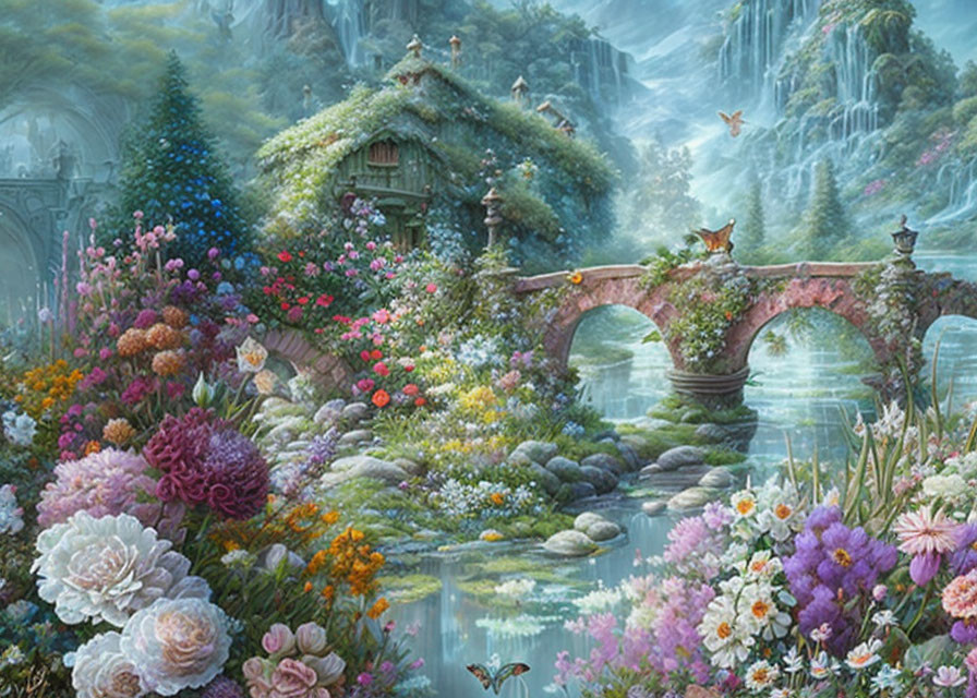 Fantasy landscape with flower-covered cottage, stone bridge, vibrant flora, and butterflies