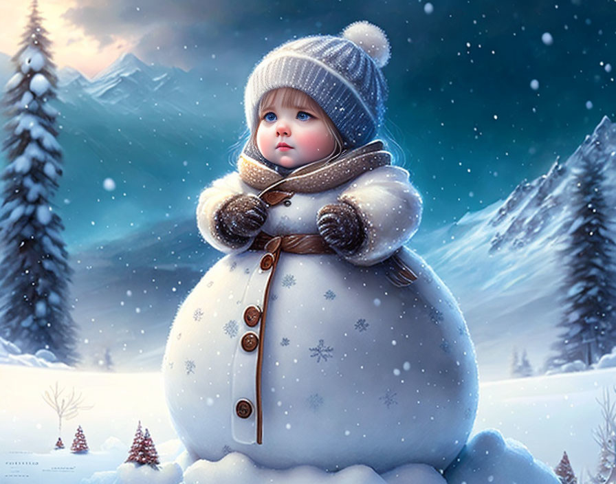 Child in Snowman-Inspired Winter Outfit with Snowy Landscape