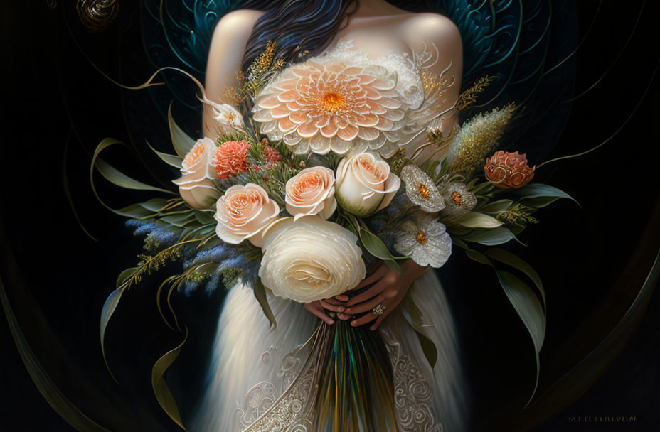 Detailed painting: Person in white dress with orange and white flower bouquet