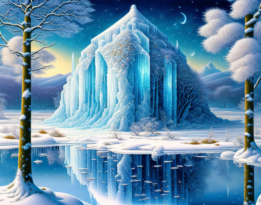 Icy Night Landscape: Frozen Waterfall, Snowy Trees, Crescent Moon