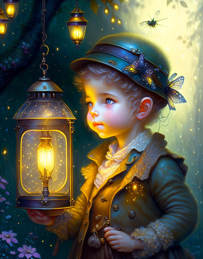 Child in Vintage Clothing Holding Glowing Lantern in Enchanted Forest