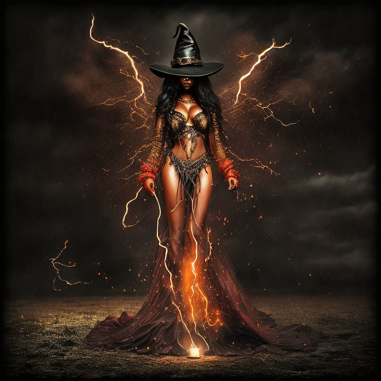 Dark fantasy witch in black attire under stormy sky with lightning.